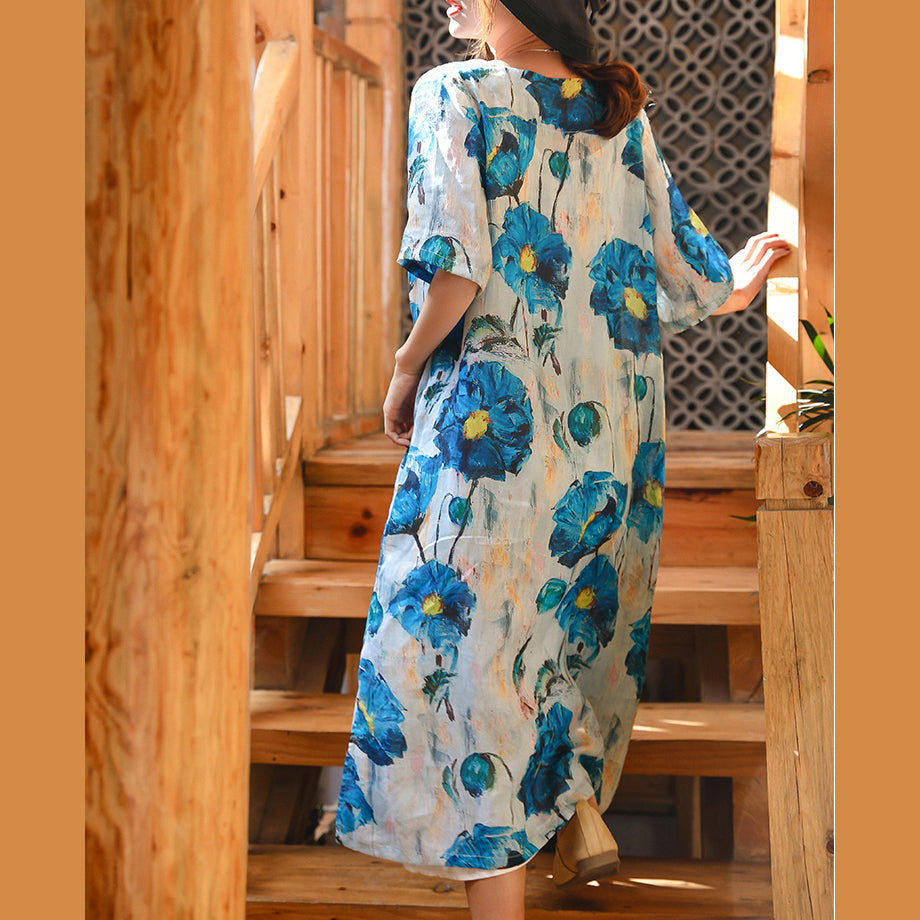 vintage blue white print linen maxi dress Loose fitting V neck linen gown fine half sleeve baggy dresses