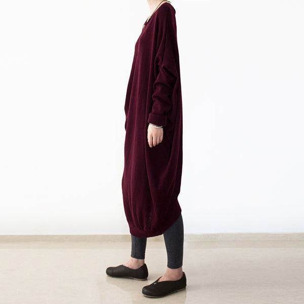 vintage burgundy knit dresses fall fashion o neck pullover women low high design long knit sweaters