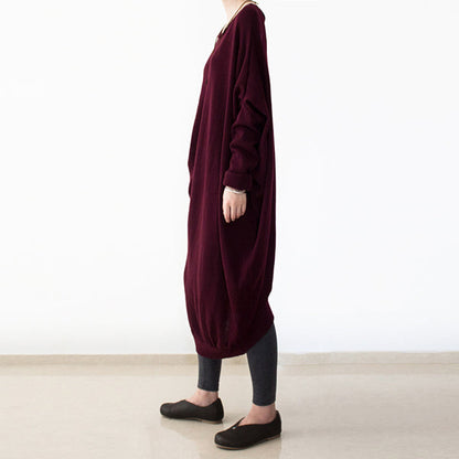 vintage burgundy knit dresses fall fashion o neck pullover women low high design long knit sweaters