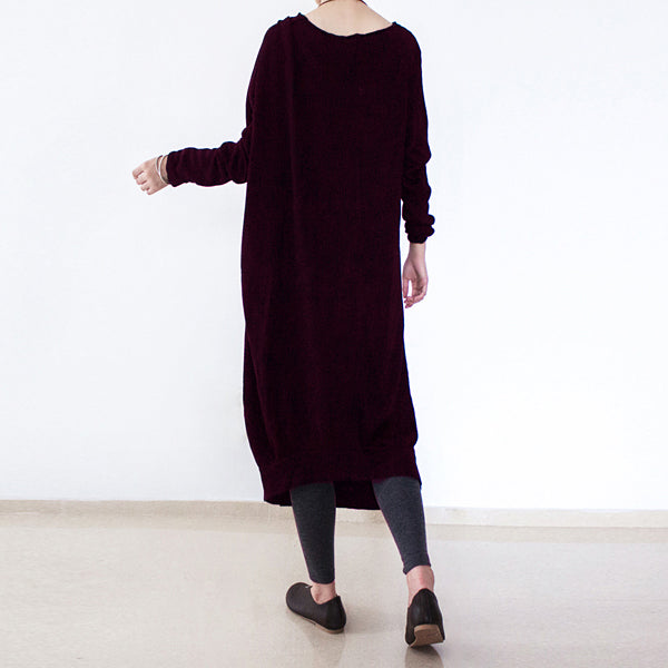 vintage burgundy knit dresses fall fashion o neck pullover women low high design long knit sweaters