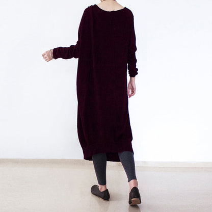 vintage burgundy knit dresses fall fashion o neck pullover women low high design long knit sweaters