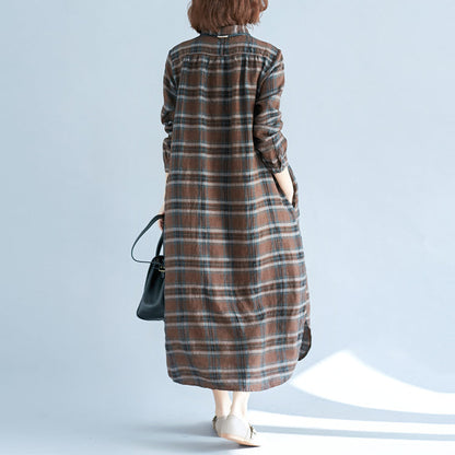 vintage chocolate Plaid cotton linen caftans plus size Turn-down Collar baggy dresses casual long sleeve dresses