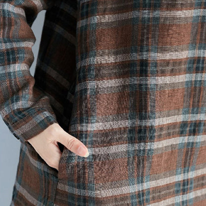 vintage chocolate Plaid cotton linen caftans plus size Turn-down Collar baggy dresses casual long sleeve dresses