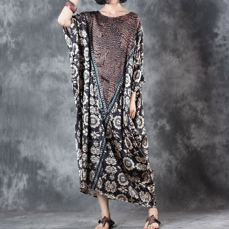 vintage chocolate silk sundress o neck batwing sleeve summer dress baggy dresses floral silk sundress