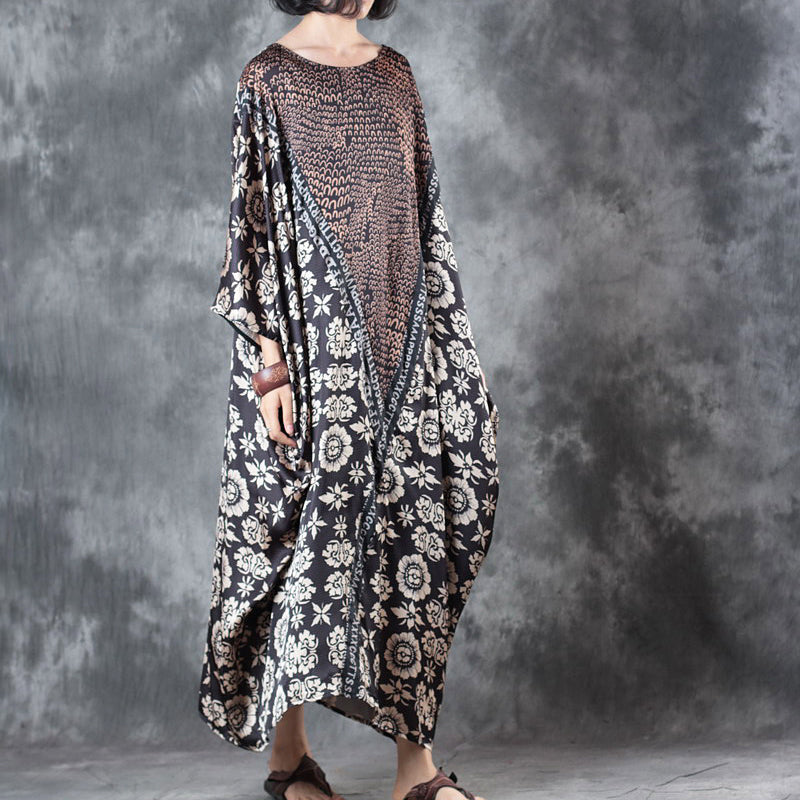 vintage chocolate silk sundress o neck batwing sleeve summer dress baggy dresses floral silk sundress