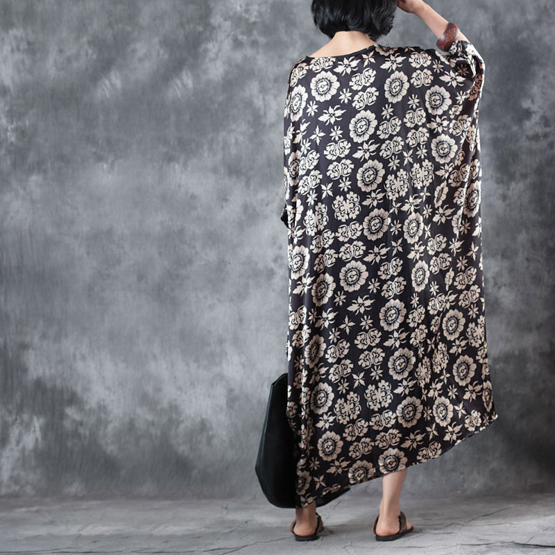 vintage chocolate silk sundress o neck batwing sleeve summer dress baggy dresses floral silk sundress