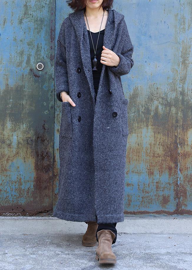 vintage dark gray woolen outwear trendy plus size double breastmaxi coat hooded woolen outwear - SooLinen