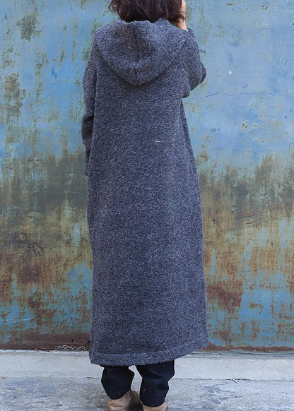 vintage dark gray woolen outwear trendy plus size double breastmaxi coat hooded woolen outwear - SooLinen