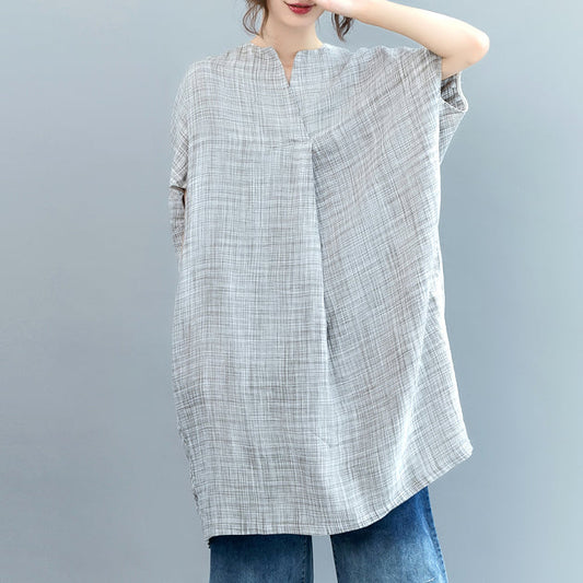 vintage gray Plaid Midi-length linen dress casual linen clothing dress Fine Batwing Sleeve o neck baggy dresses