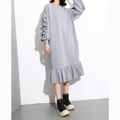 vintage gray cotton maxi dress Loose fitting O neck fall dresses New long sleeve Cinched caftans