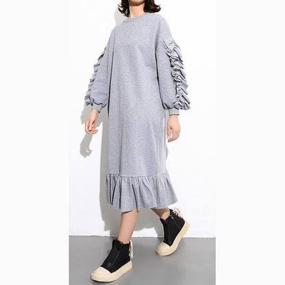 vintage gray cotton maxi dress Loose fitting O neck fall dresses New long sleeve Cinched caftans
