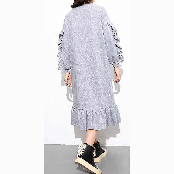 vintage gray cotton maxi dress Loose fitting O neck fall dresses New long sleeve Cinched caftans