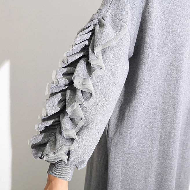 vintage gray cotton maxi dress Loose fitting O neck fall dresses New long sleeve Cinched caftans