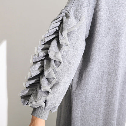 vintage gray cotton maxi dress Loose fitting O neck fall dresses New long sleeve Cinched caftans