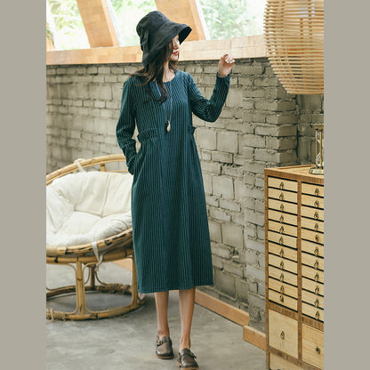 vintage green striped dresses trendy plus size pockets vintage o neck dresses