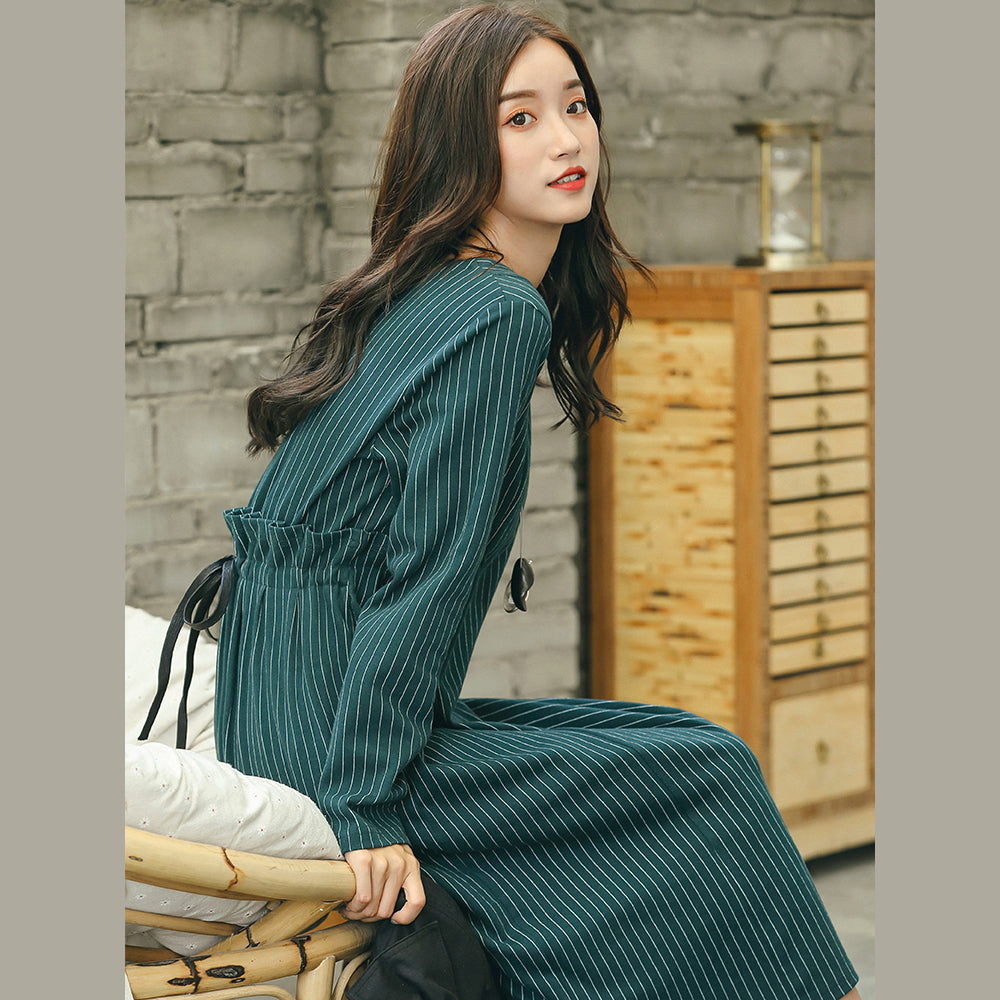 vintage green striped dresses trendy plus size pockets vintage o neck dresses