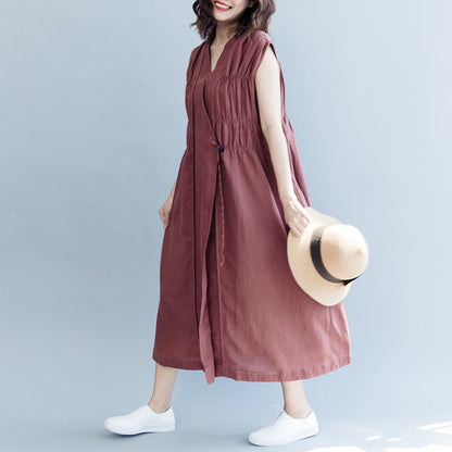 vintage khaki cotton linen dresses Loose fitting cotton linen clothing dress New Sleeveless Cinched v neck baggy dresses