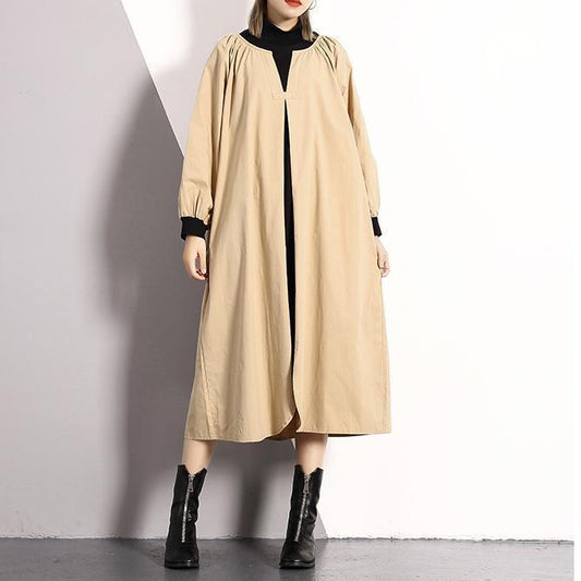 vintage khaki long cotton blended dress plus size Turtleneck caftans Elegant front side open false two pieces kaftans