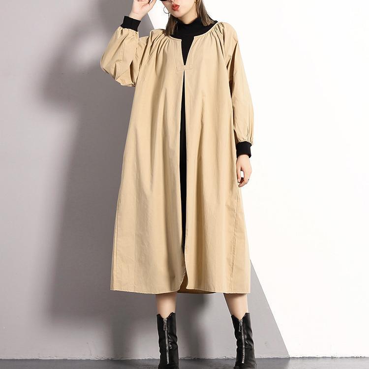 vintage khaki long cotton blended dress plus size Turtleneck caftans Elegant front side open false two pieces kaftans
