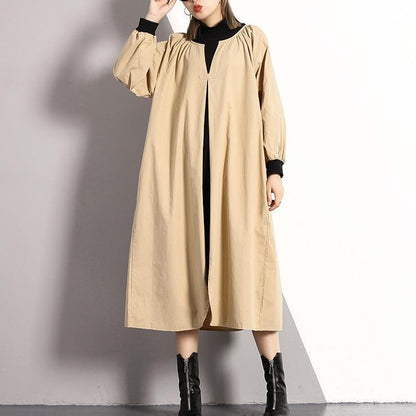 vintage khaki long cotton blended dress plus size Turtleneck caftans Elegant front side open false two pieces kaftans