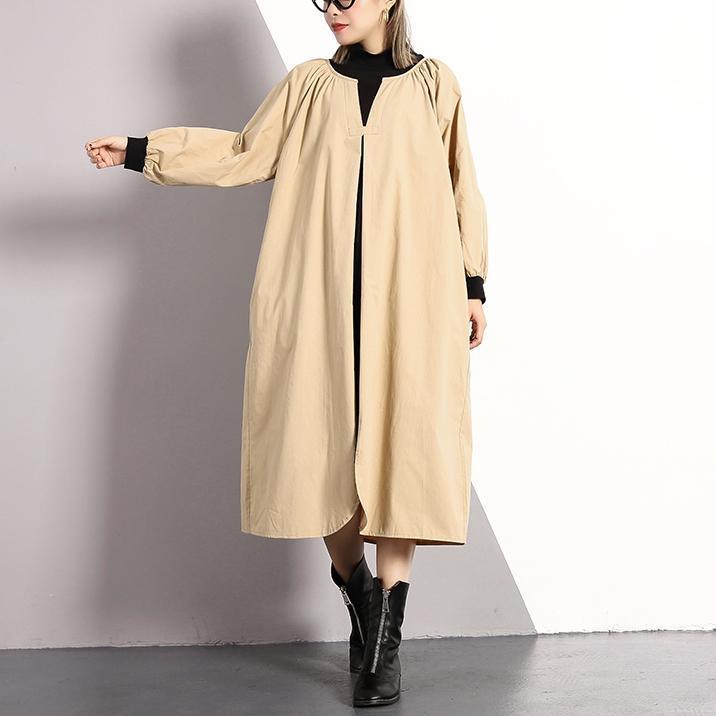 vintage khaki long cotton blended dress plus size Turtleneck caftans Elegant front side open false two pieces kaftans