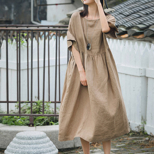 vintage khaki long linen dress plus size O neck baggy dresses linen clothing dress boutique Butterfly Sleeve dresses
