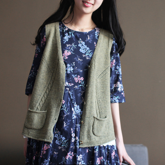 vintage light army green sweater trendy plus size knit sweat tops fine v neck shirt sleeveless cardigan