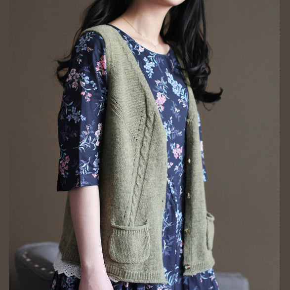 vintage light army green sweater trendy plus size knit sweat tops fine v neck shirt sleeveless cardigan