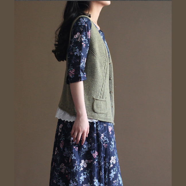 vintage light army green sweater trendy plus size knit sweat tops fine v neck shirt sleeveless cardigan