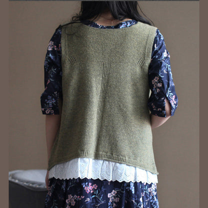 vintage light army green sweater trendy plus size knit sweat tops fine v neck shirt sleeveless cardigan