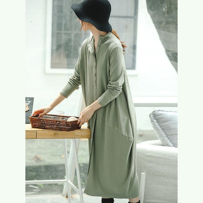 vintage light green knit dresses plus size clothing stand collar winter dresses women asymmetric pockets pullover