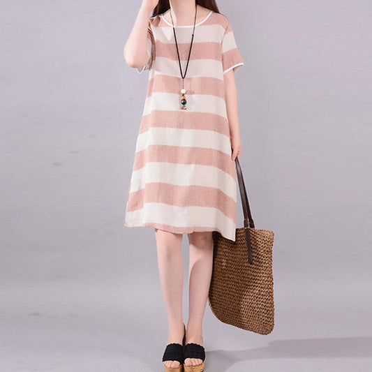 vintage linen dress plus size Red Stripe Short Sleeve Casual Cotton Flax Dress