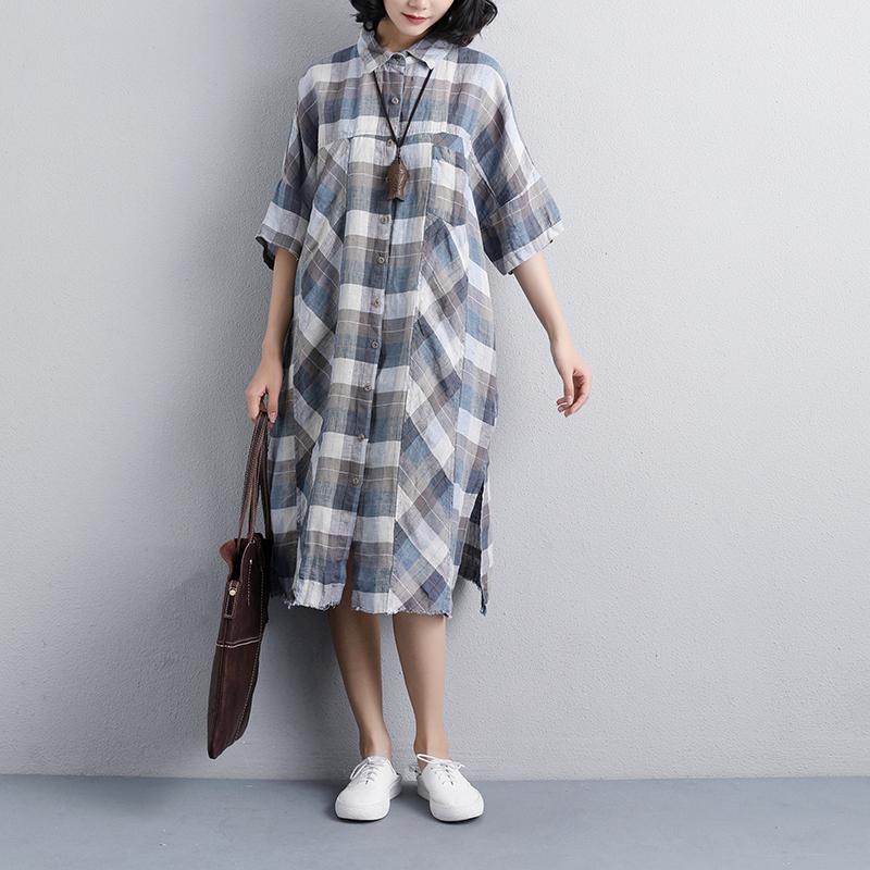 vintage linen dresses Loose fitting Polo Collar Short Sleeve Plaid Women Linen Shirt Dress