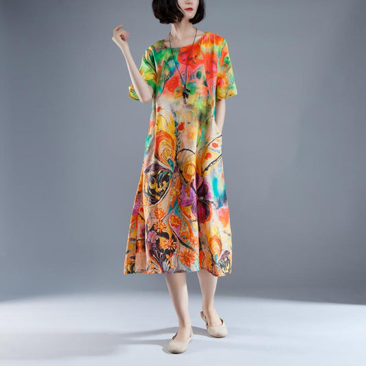 vintage long Ramie dresses oversize Short Sleeve Pockets Summer Printed Long Dress