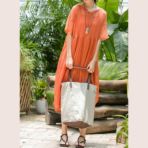 vintage orange long cotton blended dress plus size clothing v neck baggy two pieces cotton blended gown New short sleeve dresses