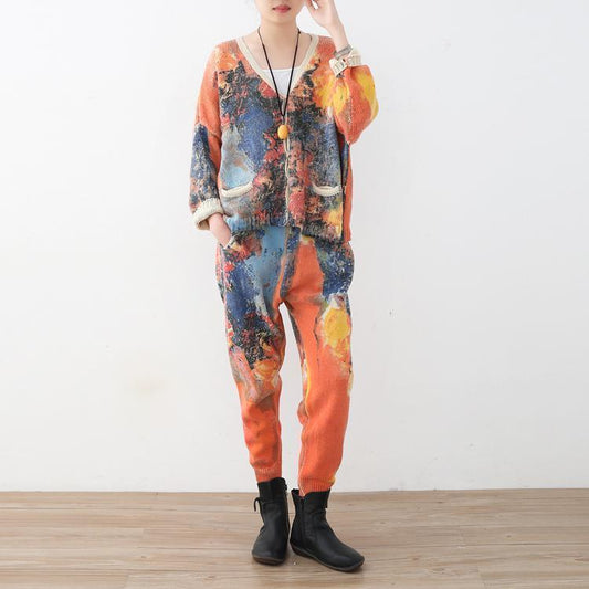 vintage orange prints sweater cardigans and elastic waist knit pants two pieces