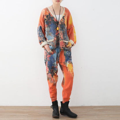 vintage orange prints sweater cardigans and elastic waist knit pants two pieces