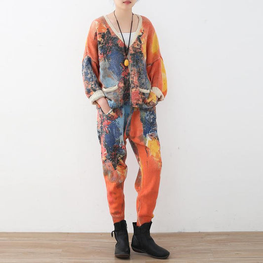 vintage orange prints sweater cardigans and elastic waist knit pants two pieces
