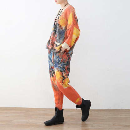 vintage orange prints sweater cardigans and elastic waist knit pants two pieces