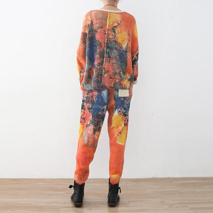 vintage orange prints sweater cardigans and elastic waist knit pants two pieces