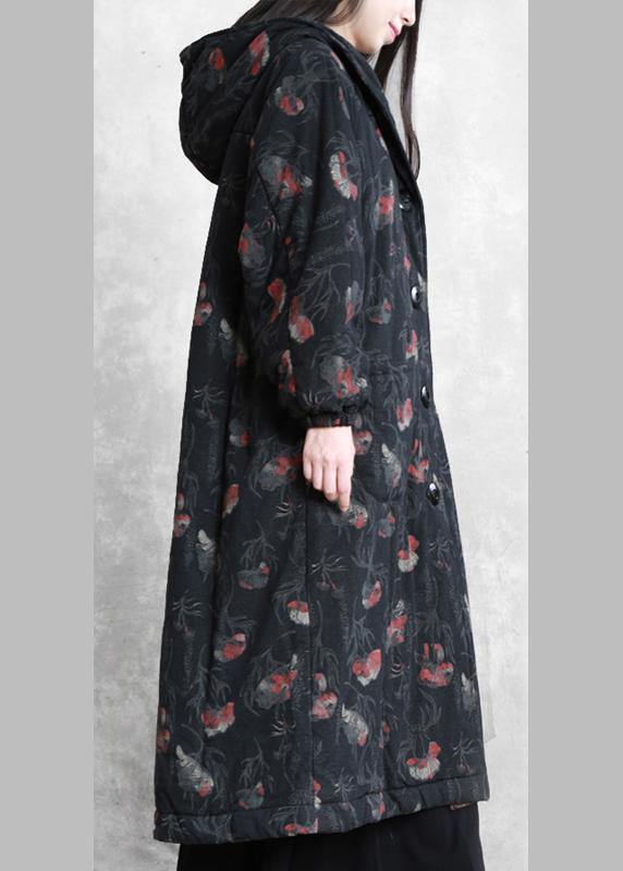 vintage oversize trench coat dark gray print hooded Button Down Woolen Coats - SooLinen