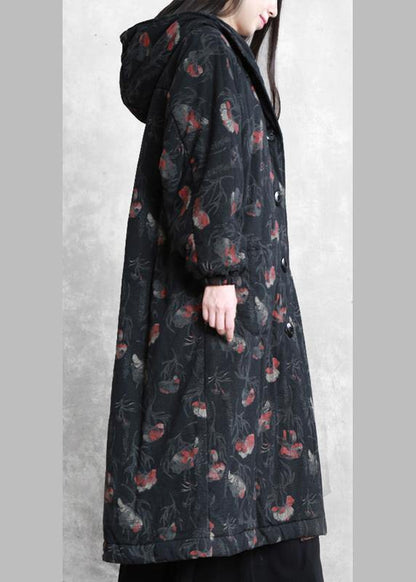 vintage oversize trench coat dark gray print hooded Button Down Woolen Coats - SooLinen