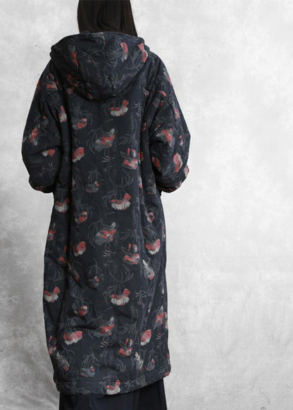 vintage oversize trench coat dark gray print hooded Button Down Woolen Coats - SooLinen