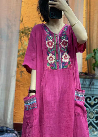 vintage rose red Embroideried V Neck Linen Dress Half Sleeve