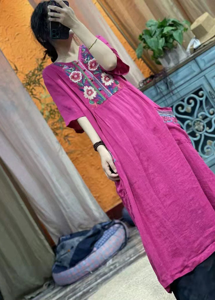 vintage rose red Embroideried V Neck Linen Dress Half Sleeve