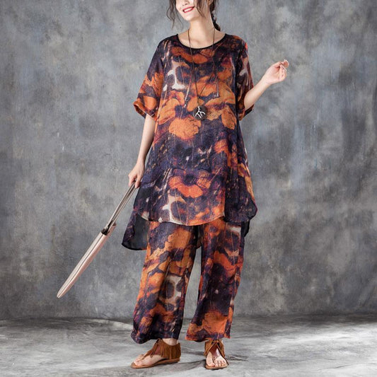 vintage silk dresses plus size clothing Red Two Pieces Set Printed Irregular Top Wide Leg Pants