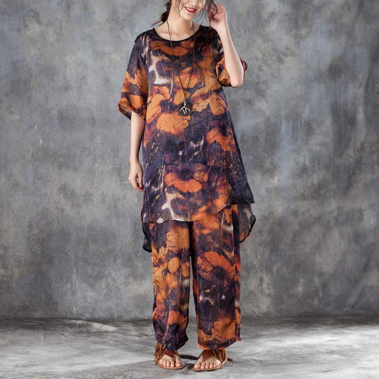 vintage silk dresses plus size clothing Red Two Pieces Set Printed Irregular Top Wide Leg Pants