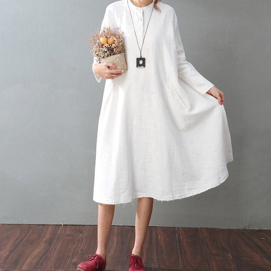 vintage white cotton linen caftans oversized Stand baggy dresses cotton linen clothing dress boutique long sleeve pockets maxi dresses