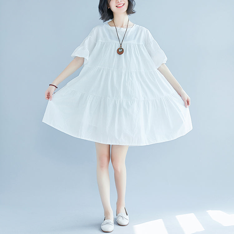 vintage white plus size casual dress casual trumpet sleeves a line skirts o neck cotton dress