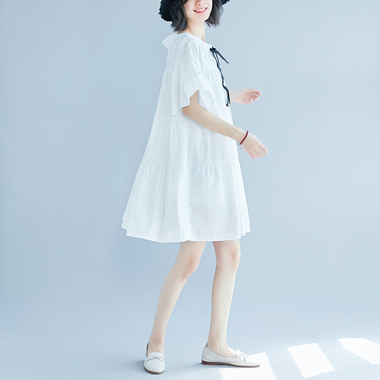 vintage white plus size casual dress casual trumpet sleeves a line skirts o neck cotton dress